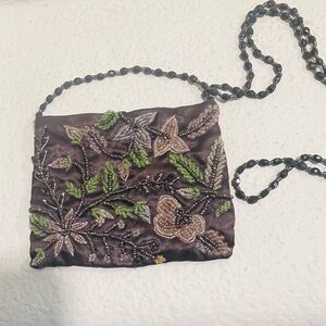 Moyna Vintage Small Beaded Crossbody Bag - Brown, pale pink, and Green.